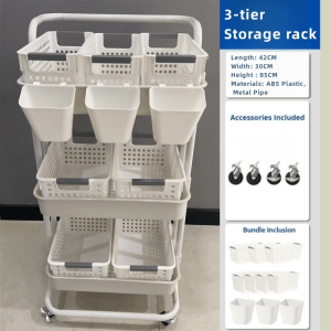 Fashion Metal armrest Bundle Set 3-Tier Utility Cart with 4 Wide Basket 3 Narrow Baskets & 3 Hanging Buckets Practical and durable