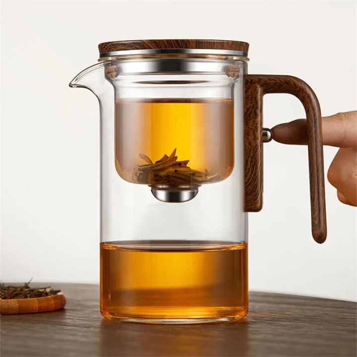 One Click Magnetic Switch Tea Separation Filtration Glass Tea Pot Wood ...