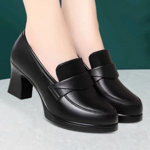 Free Shipping 2026 Spring/Autumn New Collection: Durable Deep-Toe Soft Leather Loafers With Chunky Heels And Thick Soles Versatile Professional Work Shoes For Women High-Heeled Leather Shoes