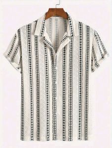 Mens Summer Short - Sleeve Hawaiian Shirt with Retro Striped Pattern Casual Button - Down Beach Shirt Classic Personalized Color Block Geometric Texture Suit