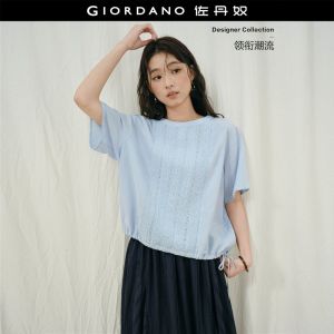 GIORDANO Women Blouses Lace Panel Front Blouses Round Neck Drawstring Hem Fashionable Casual Loose Blouses 18346616