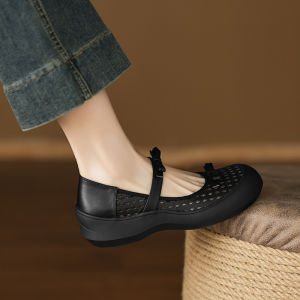 Baotou Breathable Hollow Single Shoes Womens Thick-soled Block Heel Leather Hole Single Shoes Summer High Heels Mary Womens Shoes