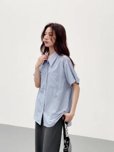 AMMIN เสื้อเบลาส์เสื้อผ้าฝ้ายหลวมลายทางลำลองเสื้อเบลาส์แขนยาวปานกลางกระดุมแถวเดียวฉบับภาษาเกาหลีฤดูร้อน2024