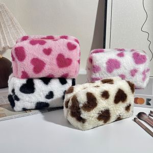 FLYING 1Pc Fluffy Plush Makeup Bag Heart Print Large Capacity Cosmetic Pouch Durable Makeup Pouch Women Girls