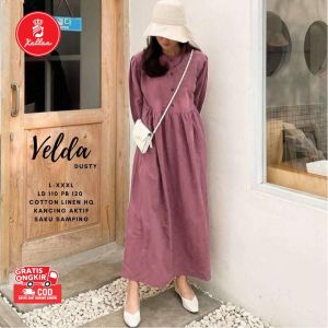 Dress Wanita Velda Casual Korean Style Jumbo Simple Elegan Midi Bahan Cotton Linen Nyaman Busui Friendly - XELLEA