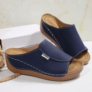 【Free Shipping】Womens large size casual slip-on wedge heel thick-soled hollow-out sandals with stitched bow detail