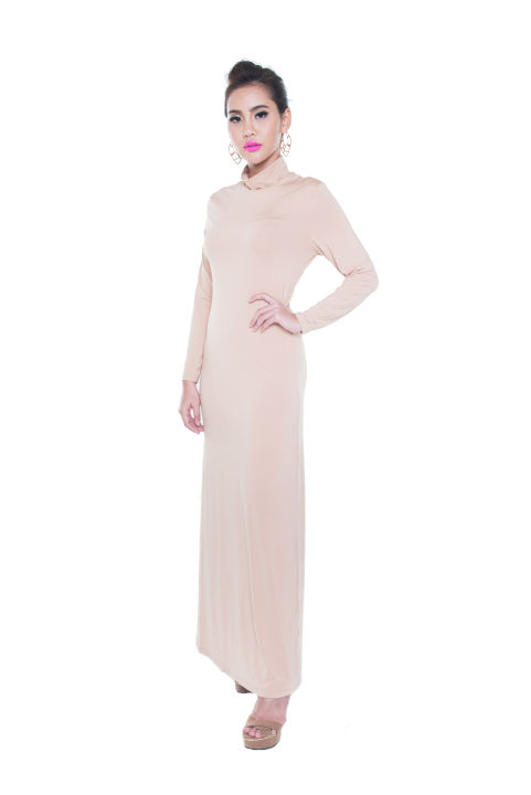 [M-XXXL] High Stretch Knit Jersey Long Sleeve Turtle Neck Maxi