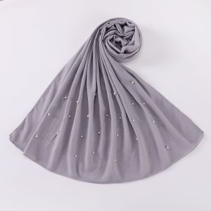 Jifang One Side Shiny Rhinestones White Pearls Decor Plain Bubble Chiffon Pashmina Shawl Muslim Hijabs Shawls WC12