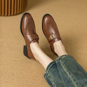 French Spring and Autumn New British Style Block Heel Soft Leather Slip-On Loafers Belt Buckle Small Leather Shoes Single Shoes Women