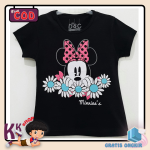 Baju Anak Perempuan / Kaos Anak Lengan Pendek Motif Minnie Mouse Flower Black 1 -10 Tahun