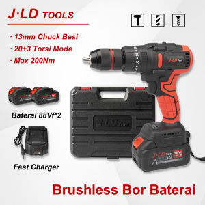 JLD Brushless Mesin Bor Baterai 13mm Cordless Impact Drill 88Vf Mesin bor cas 2 baterai Bagus Mesin bor beton 200NM mesin  bor