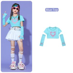 LOlanta Girls Hip-hop Dance Outfit Heart Printed Pattern Top Arm Sleeves Design Mini Pleated Skirt Street Dance Performance Costume