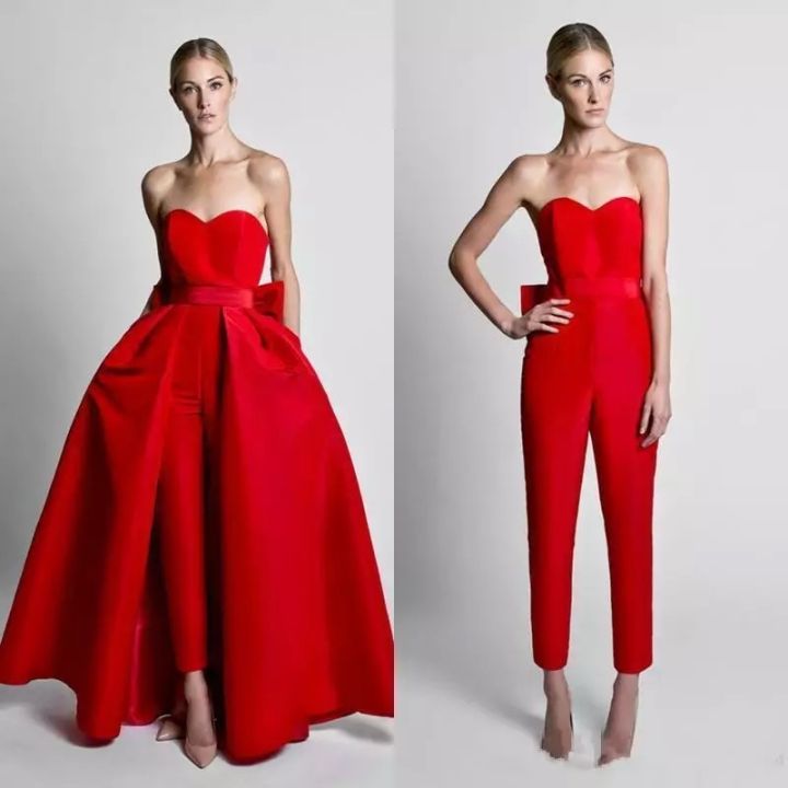 Red Evening Jumpsuits With Sleeves With Detachable Train 3/4