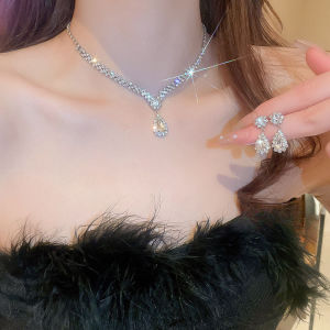 Fashion diamond-studded water drop tassel necklace earrings two-piece set
