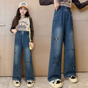 Jeans For Kids Girl 6-16yrs Wide Leg Pants Denim Trousers Pants Korean Style Embroidered Ripped Loose Casual Jeans High Waist Maong Pants