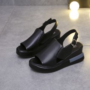 [Free Shipping] Soft Leather Sandals For Women 2026 Spring/Summer New Collection Roman-Style Sandals With A Wedge Heel Thick Sole Versatile Design Open-Toe Mid-Heel And Fish-Mouth Style