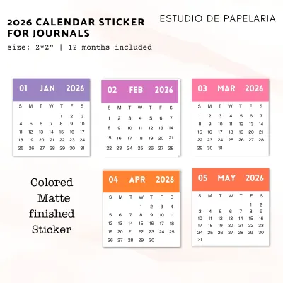 Estudio | Minimalist 2026 Calendar Sticker for Journals -12 months included