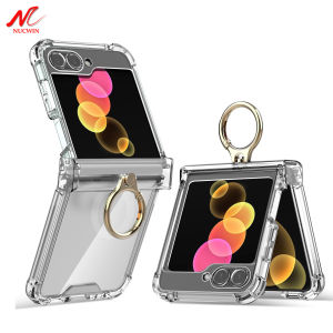 For Samsung Z Flip 6 Plating Ring Holder Case Transparent 3 in 1 Hinge Protection Stand Acrylic Cover for Samsung Galaxy Z Flip6
