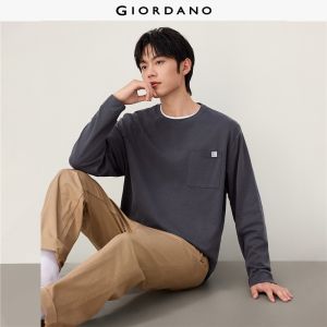 GIORDANO Men T-Shirts Woven Label Single Pocket Tee Crewneck Long Sleeve Fashionable Casual Relaxed T-Shirts 13026611