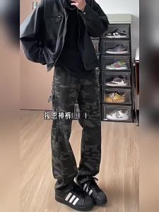 American Style Camouflage Cargo Jeans for Men Autumn and Winter Fleece-Lined Retro Straight-Leg High Street vibe Flared Casual Long Pants
