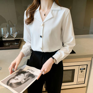 Korean Style Kemeja Putih Hitam Wanita Lengan Panjang Polos Baju Kemeja Wanita Kekinian