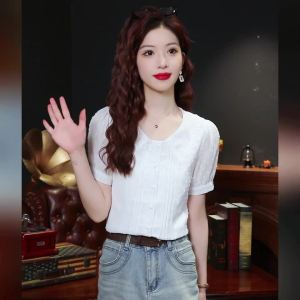 เสื้อเชิ้ตผ้าชีฟองกระดุมแถวเดียวแบบดึงออกแขนสั้นของผู้หญิงเสื้อเบลาส์ปักลายสามมิติที่สง่างามสำหรับฤดูร้อน2024