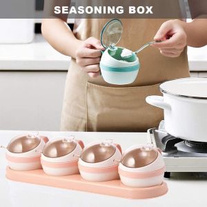 【Gods House】Condiments Set 4pcs Delightful Round Spices Storage Container Rack High Quality Design for Solid or Liquid Condiments Organizer