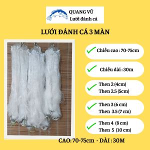 Lưới bắt cá sông 3 màn cao 70-75cm DÀI 30M then 2 (4cm) then 2.5 (5cm) then 3 (6cm) then 3.5 (7cm) then 4 (8cm) then 5 (10cm) đánh bắt cá rô phi diếc trắm chép ở sông hồ ao suối. giá bán tốt nhất trên thị trường ạ .