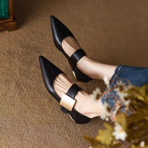 French Single Shoes Womens Spring and Autumn New Vintage Pointed Toe Flat Metal Buckle Color-blocked Light Mary Jane Shoes