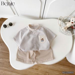 Set bộ sơ mi nâu gấu Lucky áo cổ trụ tay ngắn caro kèm quần short bé trai 11đến 28kg BERNIE H0326B05