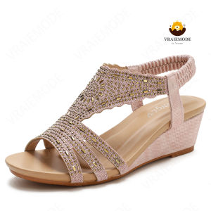 VRAIEMODE Peep Toe Wedge Sandals Soft Elastic Band Bohemian Sandals Non-slip Roman Shoes Slingback Womens Sandals