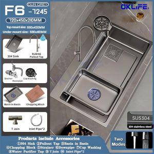 [OKLIFE®]SUS  304 stainless steel Gun grey nano kitchen waterfall sink  Pull faucet large single sink Cup washer setFast shipping