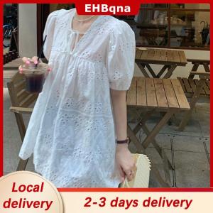[COD]  HOT SALE Ship within 24 hours Blouses Women Hollow Out Puff Sleeve All-match Dress Lace V-neck Thin Summer Loose Fashion Solid Simple Casual Female Breathable Cozy Ins Mini Dress