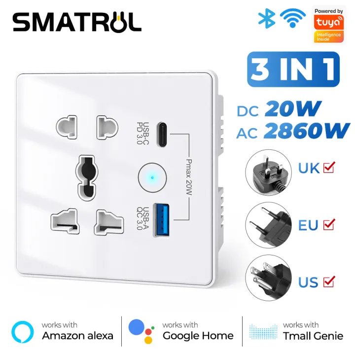SMATRUL Wifi Wall Touch Switch Universal Socket Type-C + USB Fast Charging For US EU UK Plug Remote Control Tuya Smart APP Voice Tmall Genie Google Home Alexa