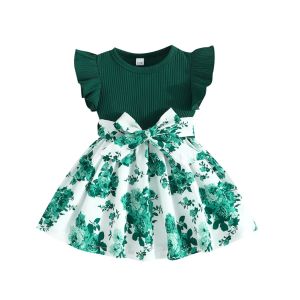 [Selangor Fast Delivery] Baju Bayi Perempuan 3-36 Bulan Baby Girls Dress Short Sleeve Cotton Floral Print with Removable Belt 4 Warna Red Emerald Green Yellow Biru Baju Raya & Harian Budak Perempuan