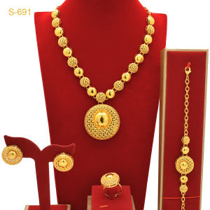 Glossy Hollow Round Dubai Hot-Selling Gold-Plated Four-Piece Set Necklace Earrings Bracelet Ring Jewelry Vietnamese Bride Accessories Non-Fading