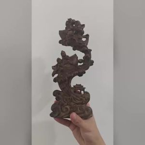 Hand-Carved Wood Children Riding Carp Statue - Traditional Chinese Decor for Home Living Room Office Shelf
