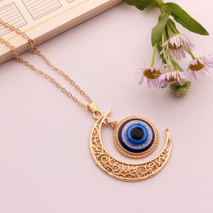 Vintage Personality Hollow out Moon Turkish Eye Necklace Blue Pendant