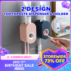 Pembahagi Ubat Gigi Automatik Dengan Dua Pemegang Berus Gigi Bilik Mandi Tanpa Pakul Cangkuk Dinding Mozek Adhesive Wall Mount Automatic Toothpaste Dispenser With Two Toothbrush Holder Bathroom Rak Tandas Bilik Mandi