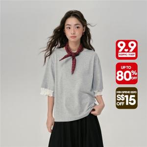 Giordano Women Patchwork cuff short sleeve tee Free Shipping 18325820