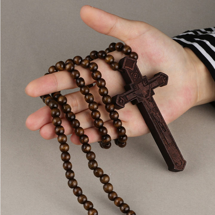 Catholic Rosary Beaded Chain Necklace Wooden Crucifix Jesus