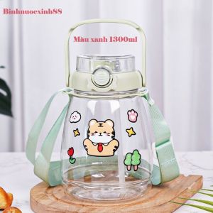 Bình nước 1300ml kèm dây đeo và ống hút Tặng kèm sticker 2D + 3D