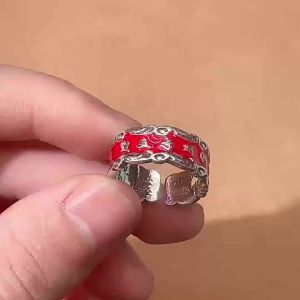 Vintage Om Mani Padme Hum Open Adjustable Ring for Women Chinese National Trend Enamel Drip Glaze Craft Retro Buddhist Mantra Band Minimalist Niche Literary Jewelry Gift