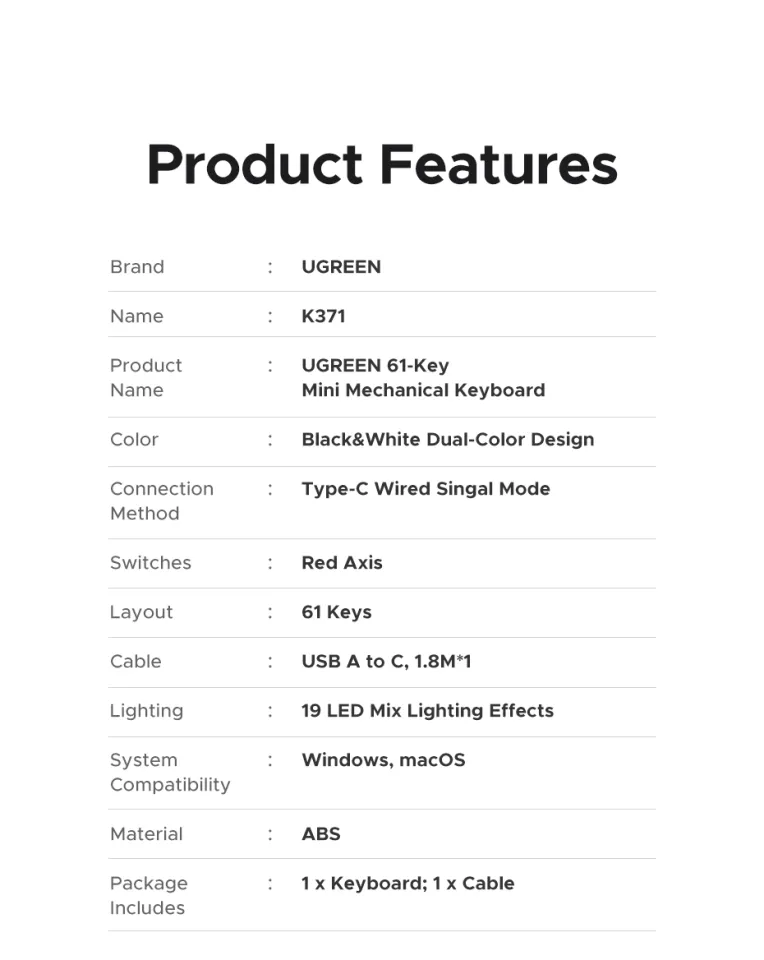 UGREEN Red Switch Mini Mechanical Keyboard Wired Mechanical Axis 61 Keys Single Zone Model:45794
