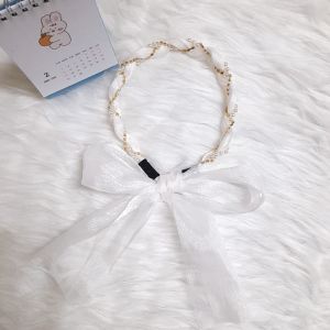 Dây buộc tóc nơ voan đính đá chuỗi ngọc băng đô trang trí tóc nơ gắn đá phối ngọc