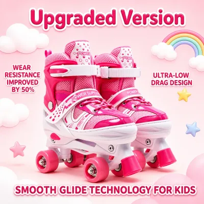 Yowxii Kids Adjustable Quad Roller Skates with Protective Gear Light-Up PU Wheels Breathable Mesh Liner Safety Buckle Beginner Roller Skates for Girls Boys Pink and Black