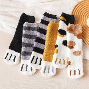 Cute Cat Paw Thick Maternity Confinement Fluffy Sleeping Socks Stokin Tebal Tidur Pantang 珊瑚绒中筒长袜猫爪可爱加绒月子加厚保暖睡觉袜