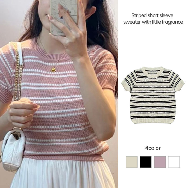 Korean Style Casual Striped Striped Round Neck Knit Top for Women Blouses Women New Style 2024