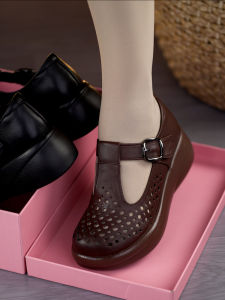 [Free Shipping] One-Strap Thick-Soled 2026 Summer New Style Mid-Heel Hollowed-Out Breathable Height-Increasing WomenS Shoes Mom Shoes Perforated Shoes For Women