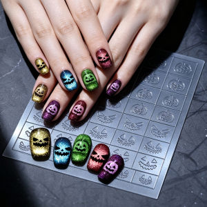 5 Types Halloween Pumpkin Hollow Patting Nail Stickers Transparent Spider Web Ghost Nail Decal Smudging Spray Manicure Template h260819